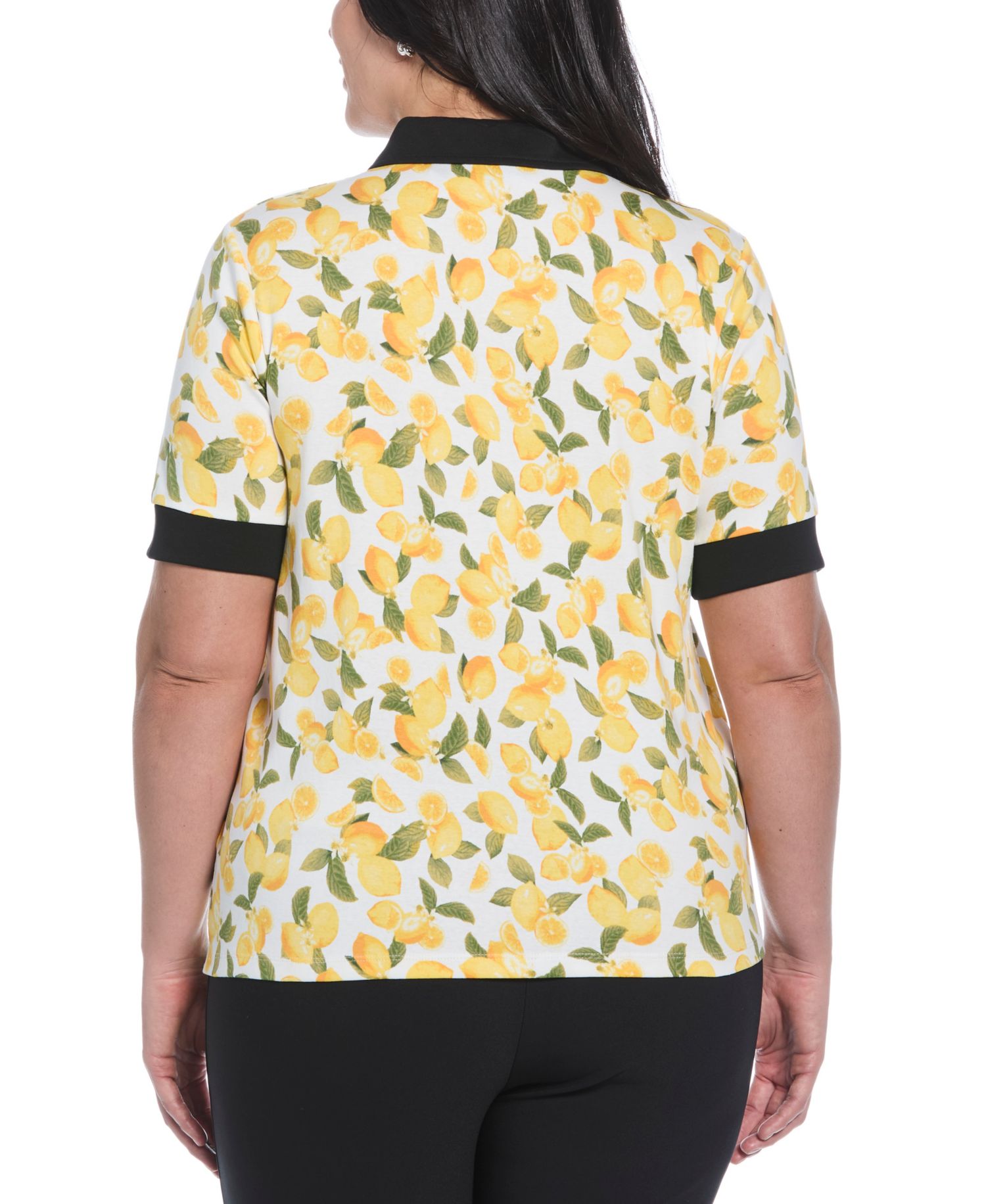 Plus Size Lemon Print Buttoned Elbow Length Sleeve Polo T-Shirt