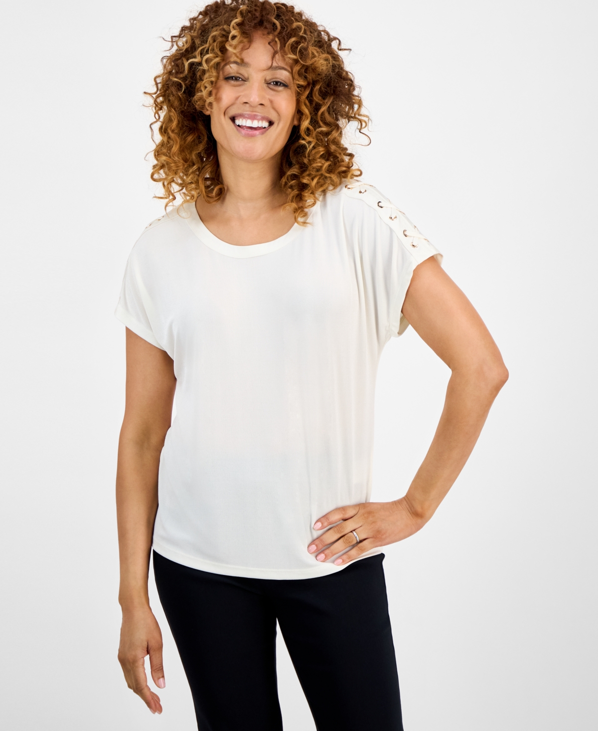 Petite Lace-Up Shoulder Short-Sleeve Top, Macy's Exclusive - Antique Red
