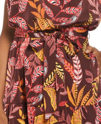 Petite Leaf Print Belted Sleeveless Dress