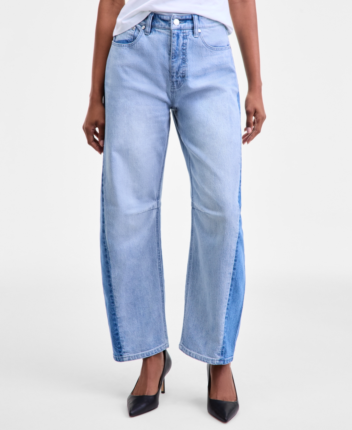 On 34th Women's High-rise Two-tone Barrel-leg Jeans, Macy's Exclusive In Blue