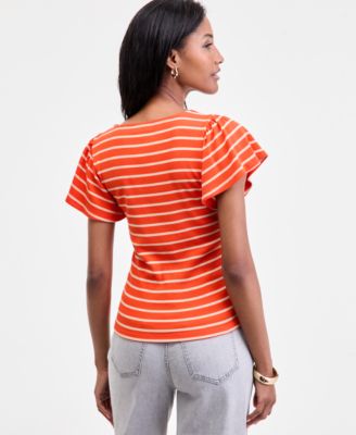 Women's Square-Neck Flutter-Sleeve Ribbed Top