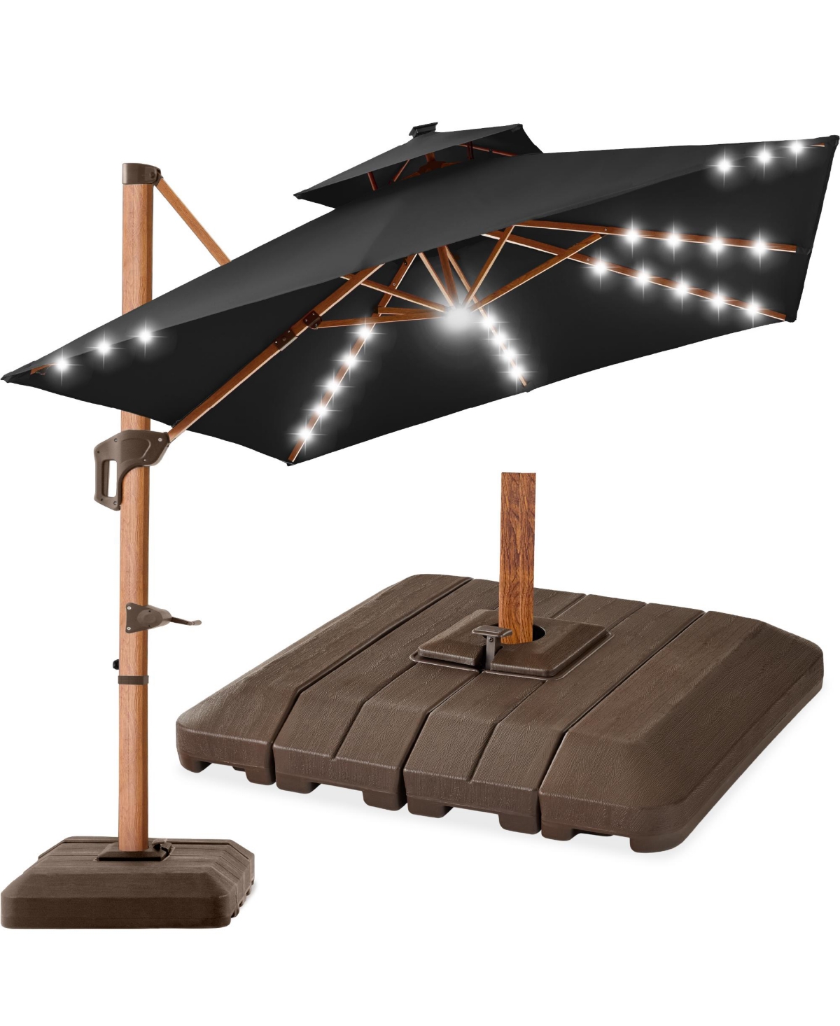 10ft Square Woodgrain Pattern 2-Tier Outdoor Solar Led Cantilever Umbrella w/ Base - Black