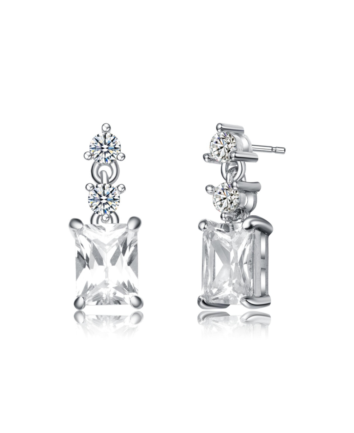 White Gold Plating with Clear Cubic Zirconia Radiant & Round Three-Stone Drop Earrings - White