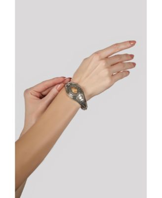 Sterling Silver Picture Jasper Oval Cut Bear Cuff Bracelet, Size Large