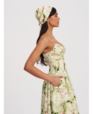 Women's Jacinda Green Floral Print Ruched Breast Linen Midi Dress