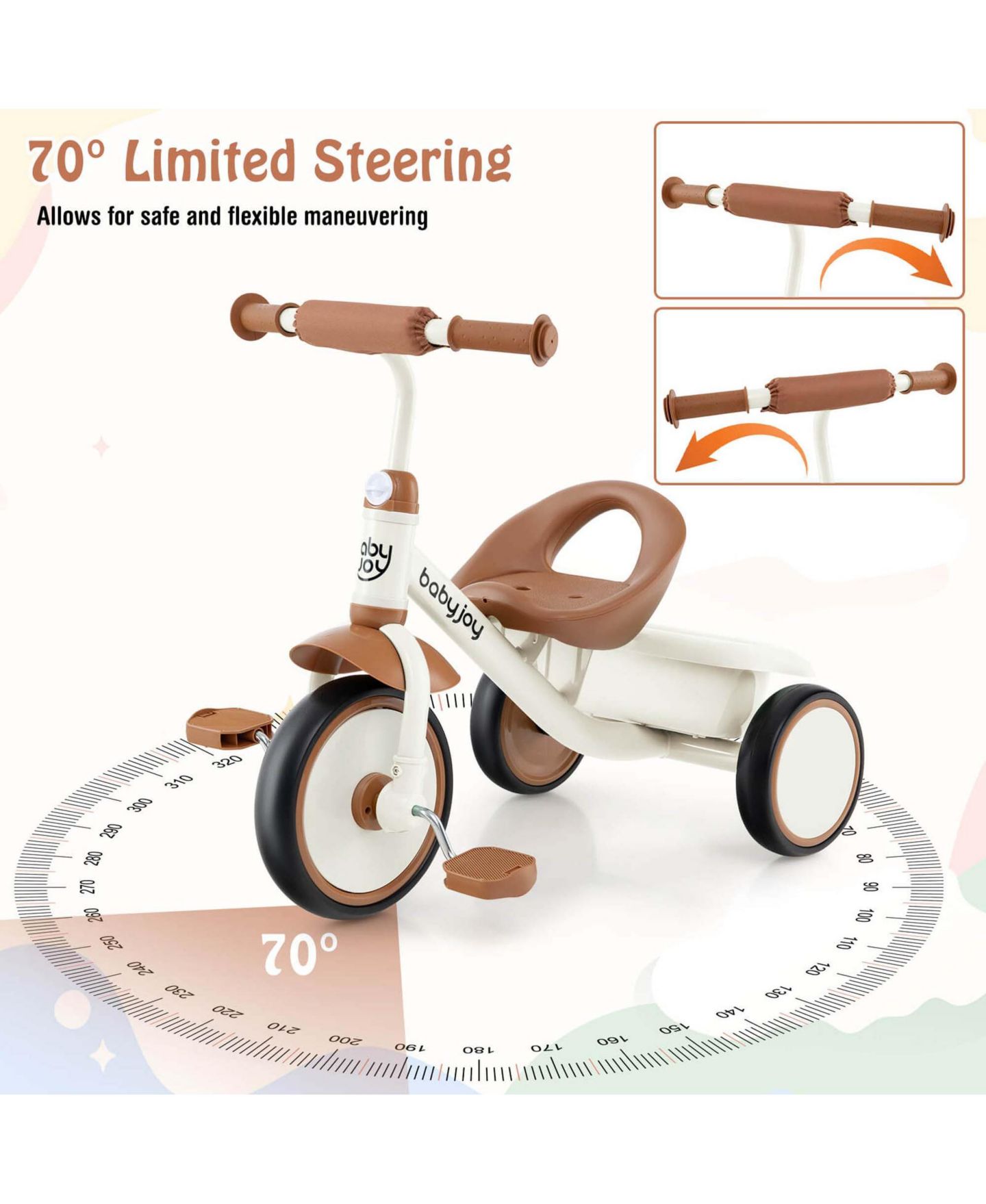 Детская игрушка Costway Toddler 3-Wheel Tricycle with Storage Basket and Adjustable Seat, 55 lb. Capacity, Ages 3-5, цвет: Бежевый / Хаки — фото 8