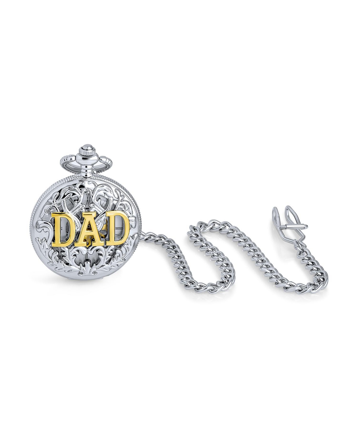Open Face Two Tone Daddy Father Gift Word Dad Pocket Watch Gold Silver Plated Finish With Long Pocket Chain - Black a