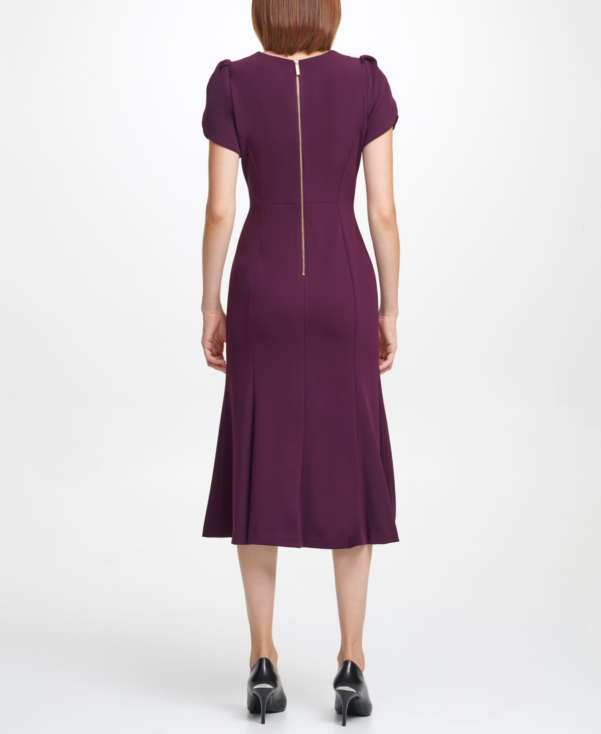 Calvin Klein Tulip Sleeve Crepe A-line Midi Dress In Purple