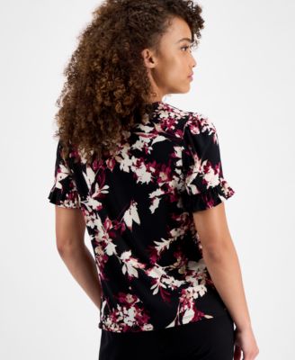 Petite Ruffled-Sleeve Floral-Print Blouse