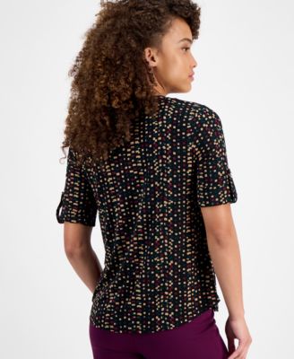 Petite Printed Rolled-Sleeve Button-Front Top