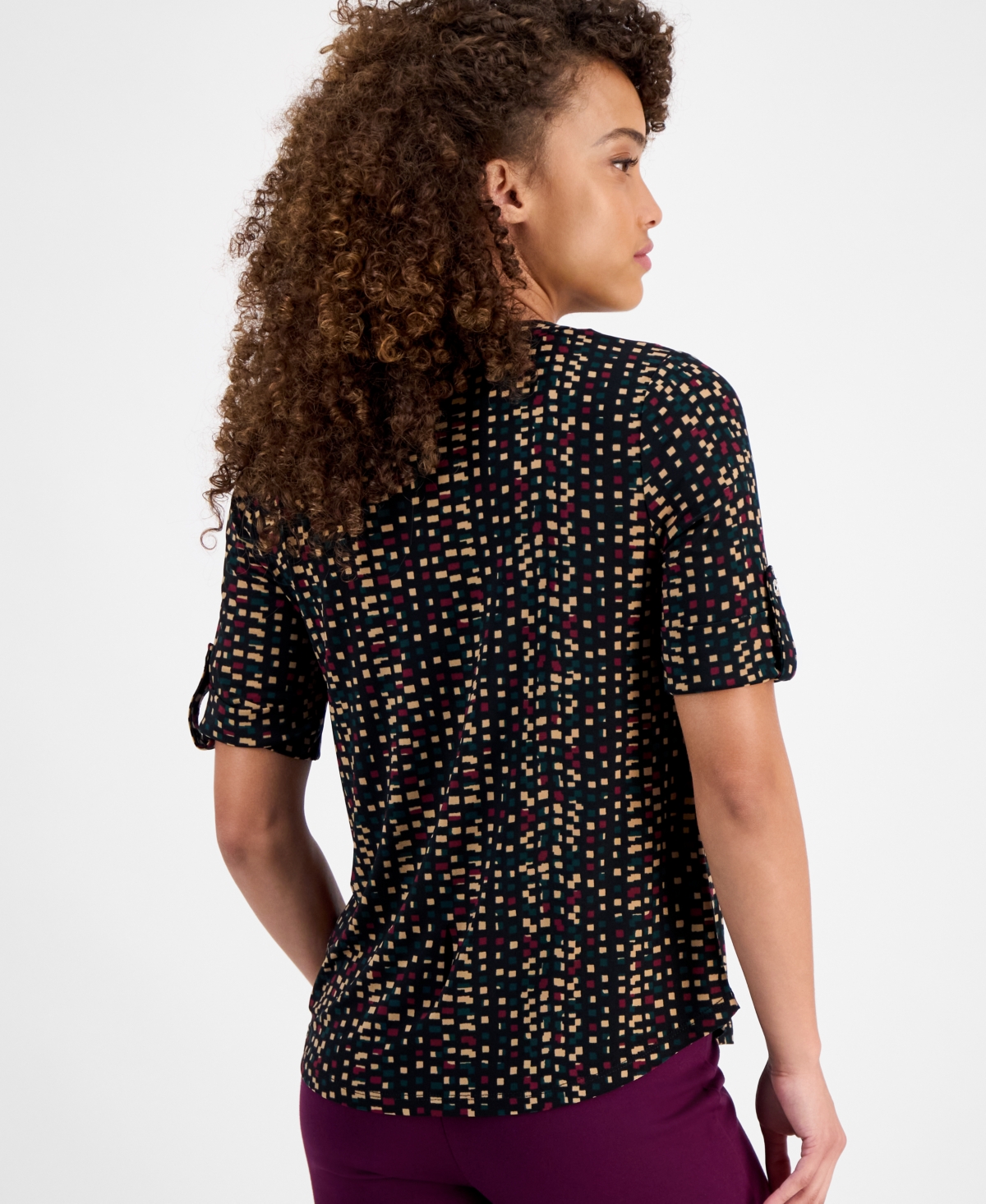 Ak Anne Klein Petite Printed Rolled-sleeve Button-front Top In Multi