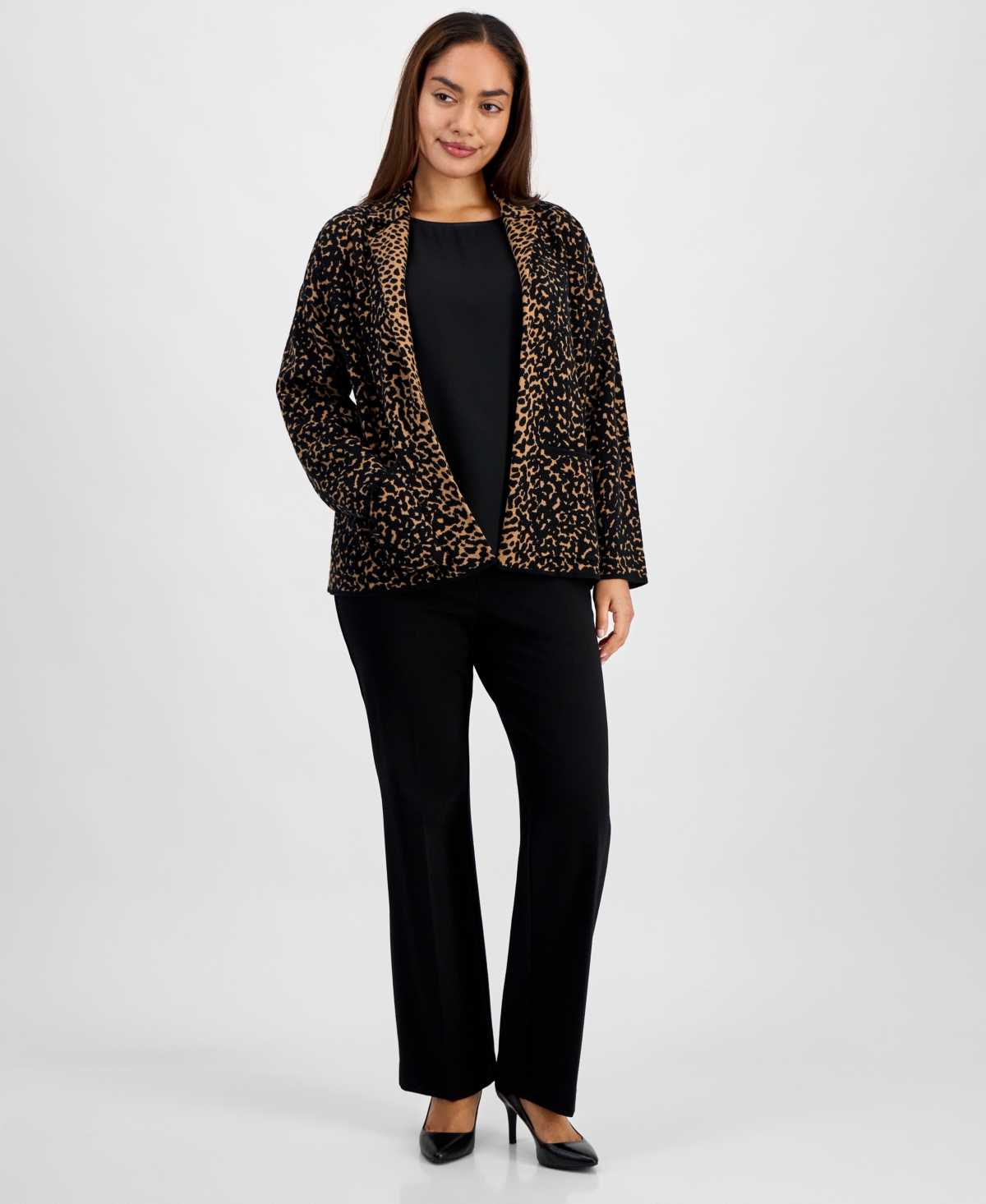 Ak Anne Klein Petite Animal-Print Notched Collar Blazer