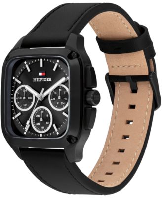 Men's Multifunction Black Leather Strap Watch, 39mm