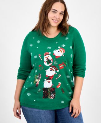 Plus Santa Embellished Crewneck Sweater, Created for Macy's