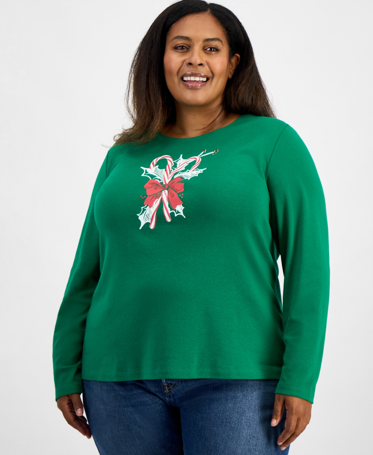 Holiday Lane Plus Size Candy Cane Long-Sleeve T-Shirt, Macy's Exclusive
