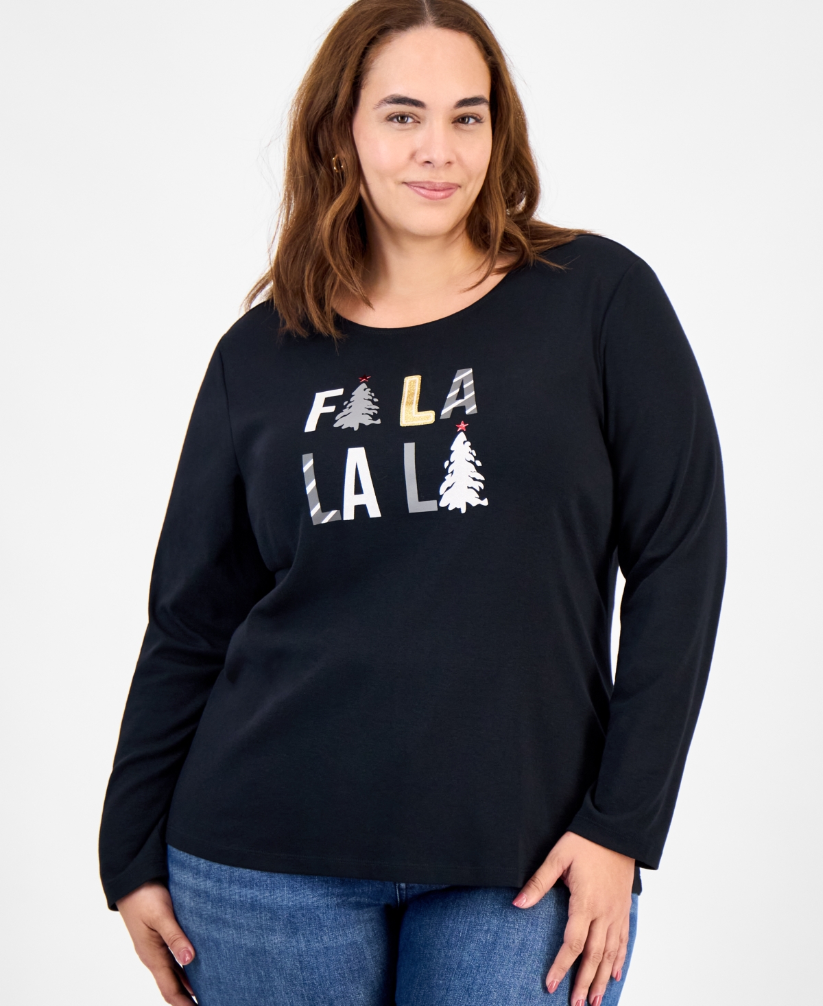 Holiday Lane Plus Size Fa La La La Long-sleeve T-shirt, Macy's Exclusive In Black
