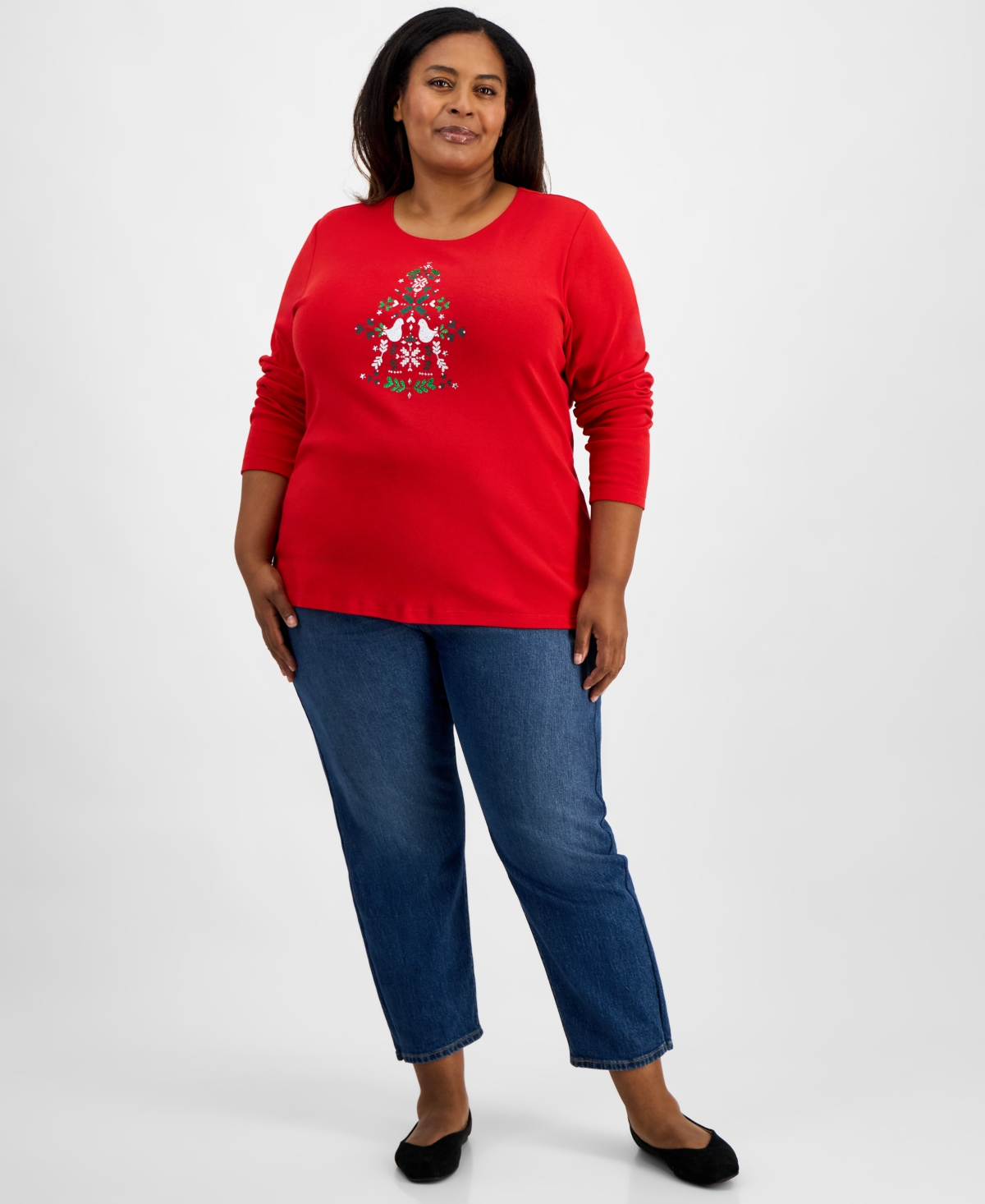 Holiday Lane Plus Scandi Tree Graphic Long-Sleeve T-Shirt, Macy's Exclusive