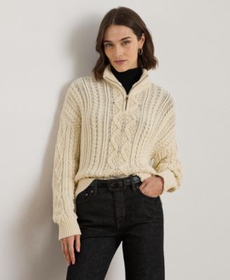 Lauren Ralph Lauren - Women's Aran-Knit Cotton Quarter-Zip Pullover