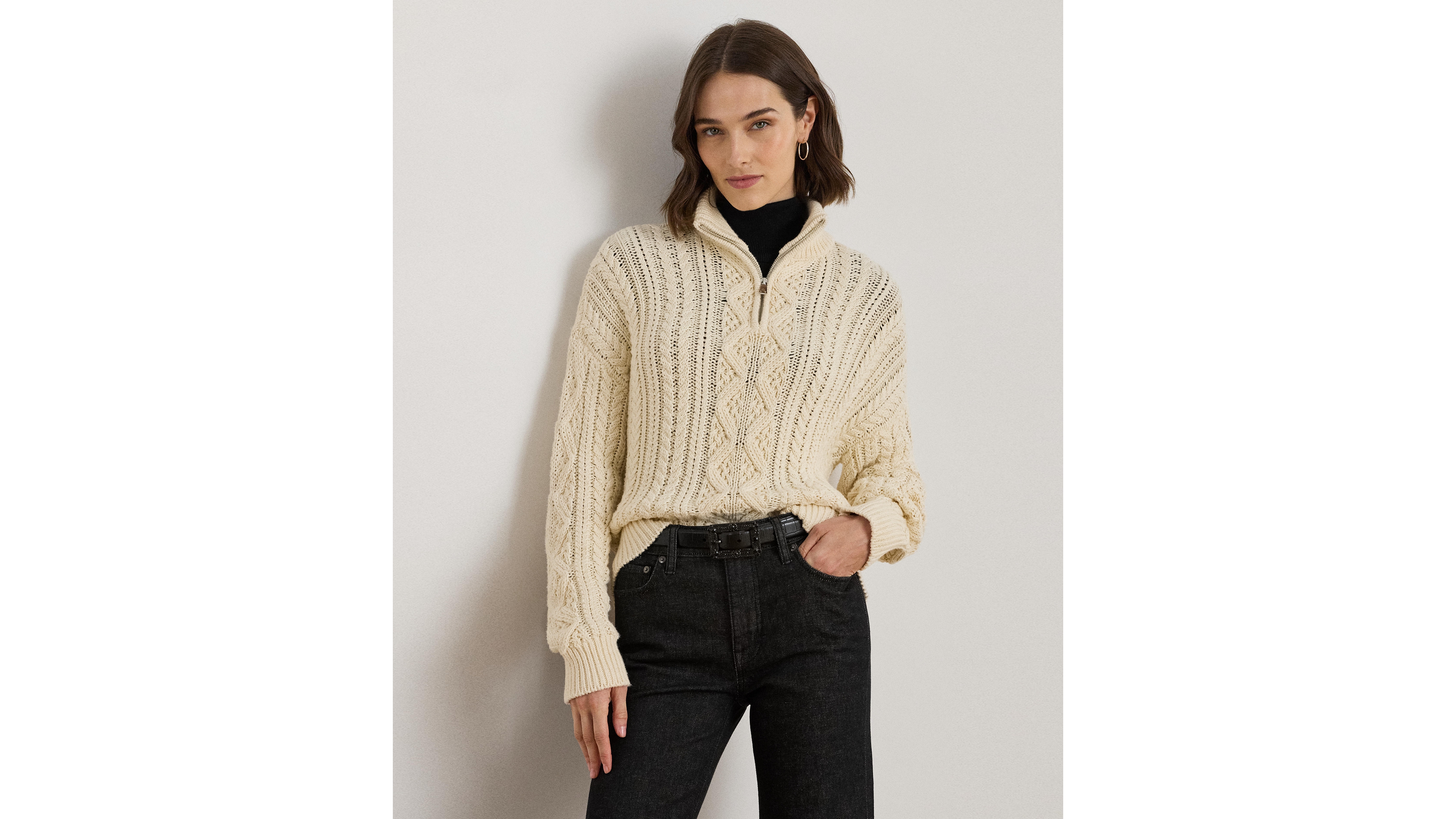 Lauren Ralph Women's Aran-Knit Cotton Quarter-Zip Pullover
