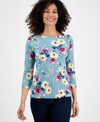 Style & Co - Petite Cotton Floral 3/4-Sleeve Boat-Neck Top