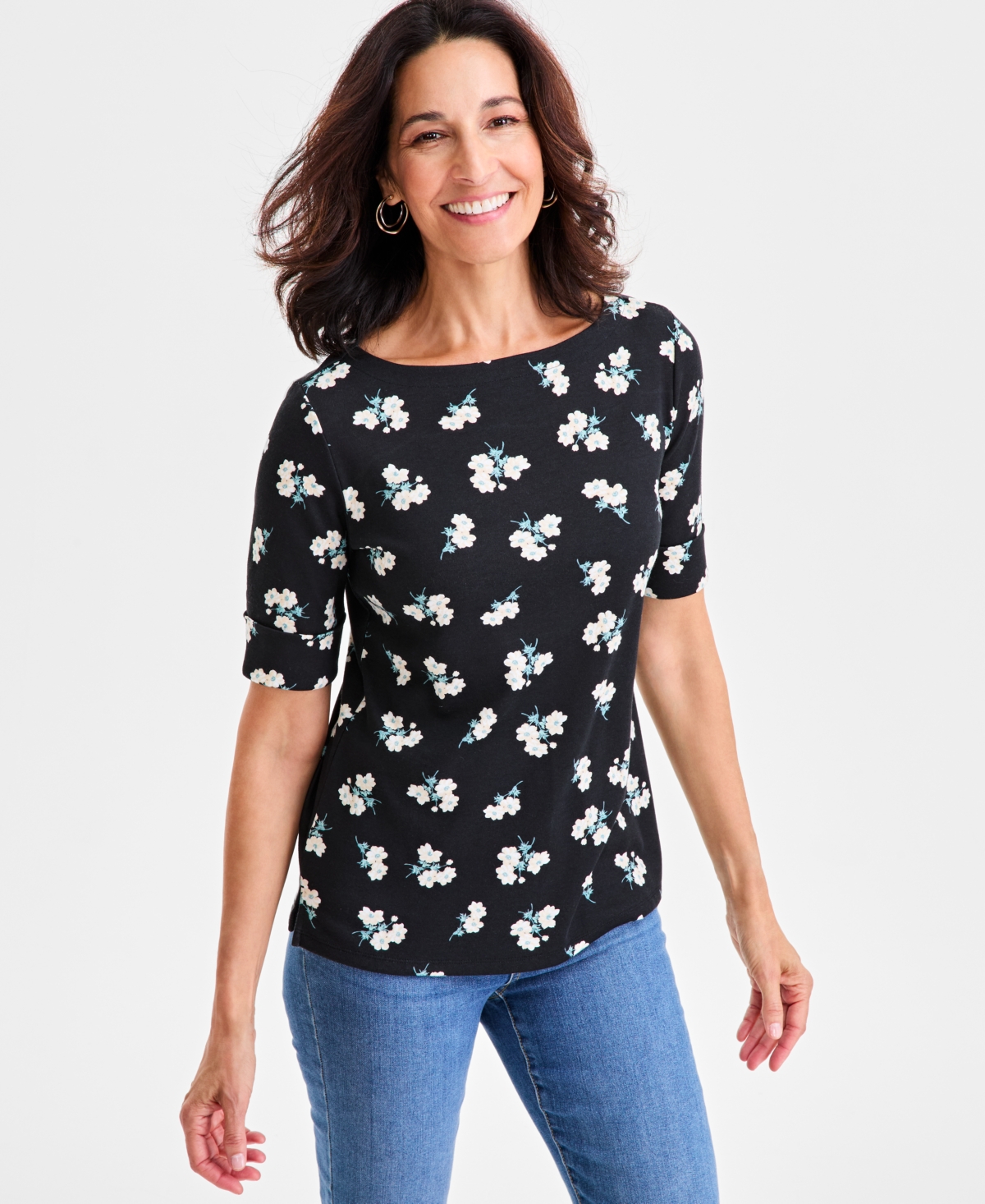 Petite Heathcliff Ditsy Print Cuffed Elbow-Sleeve Top, Macy's Exclusive - Fuschia Petal