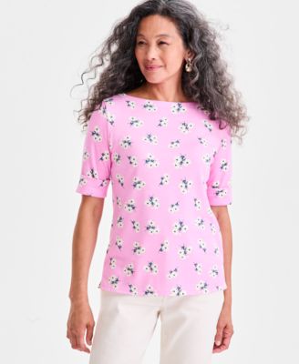 Style & Co - Petite Heathcliff Ditsy Print Cuffed Elbow-Sleeve Top