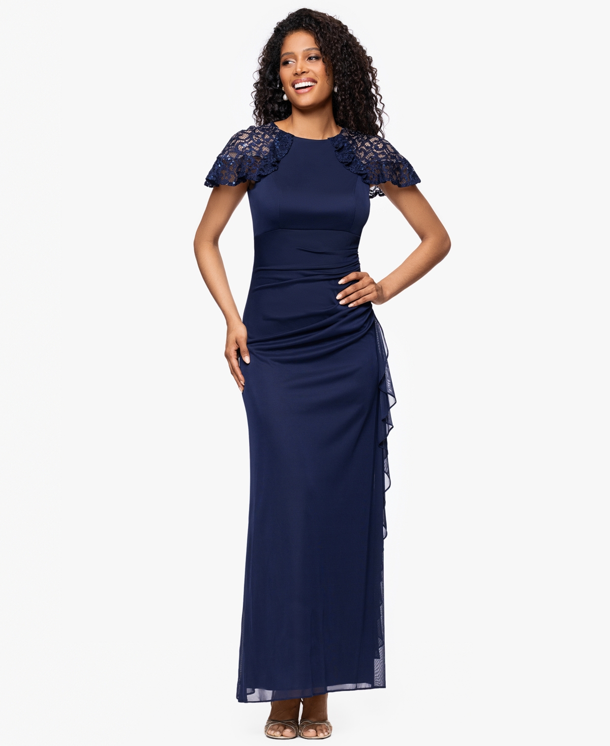 Betsy & Adam Women's Draped Lace-Sleeve Gown - Navy