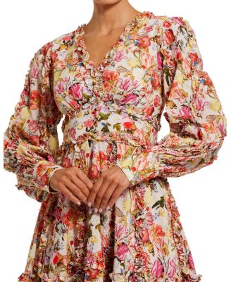 Women's V-Neck Cotton Mini Dress with Ruffles and Multicolor Floral Print