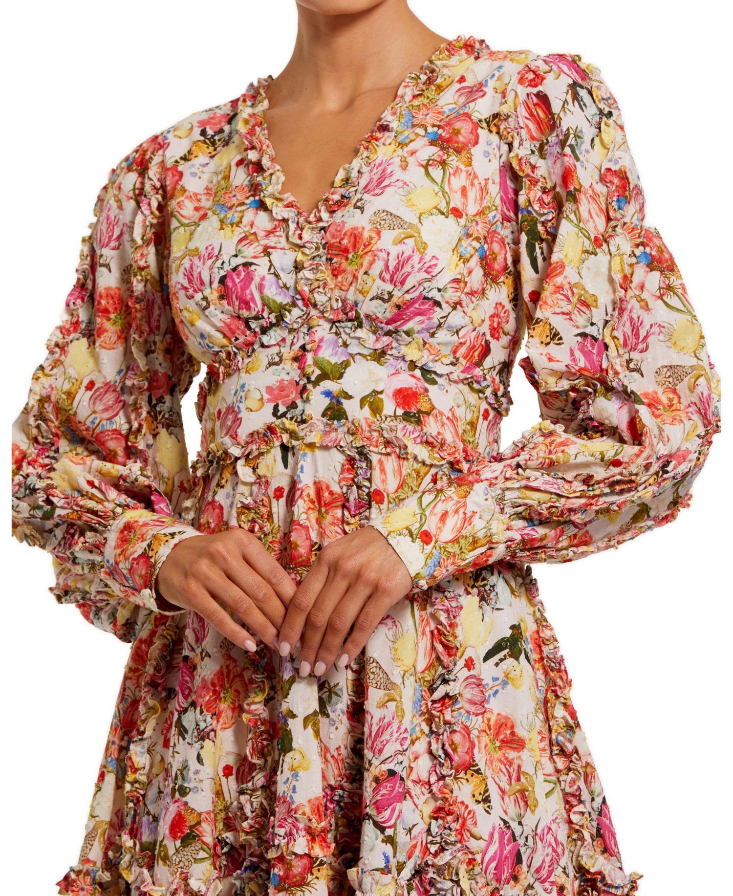 Women's V-Neck Cotton Mini Dress with Ruffles and Multicolor Floral Print