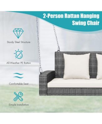 2-Person Patio PE Wicker Hanging Porch Swing Bench Chair Cushion 800 Pounds