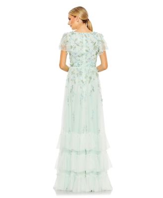 Women's Ruffle Tiered Embellished Faux Wrap Flutter Sleeve