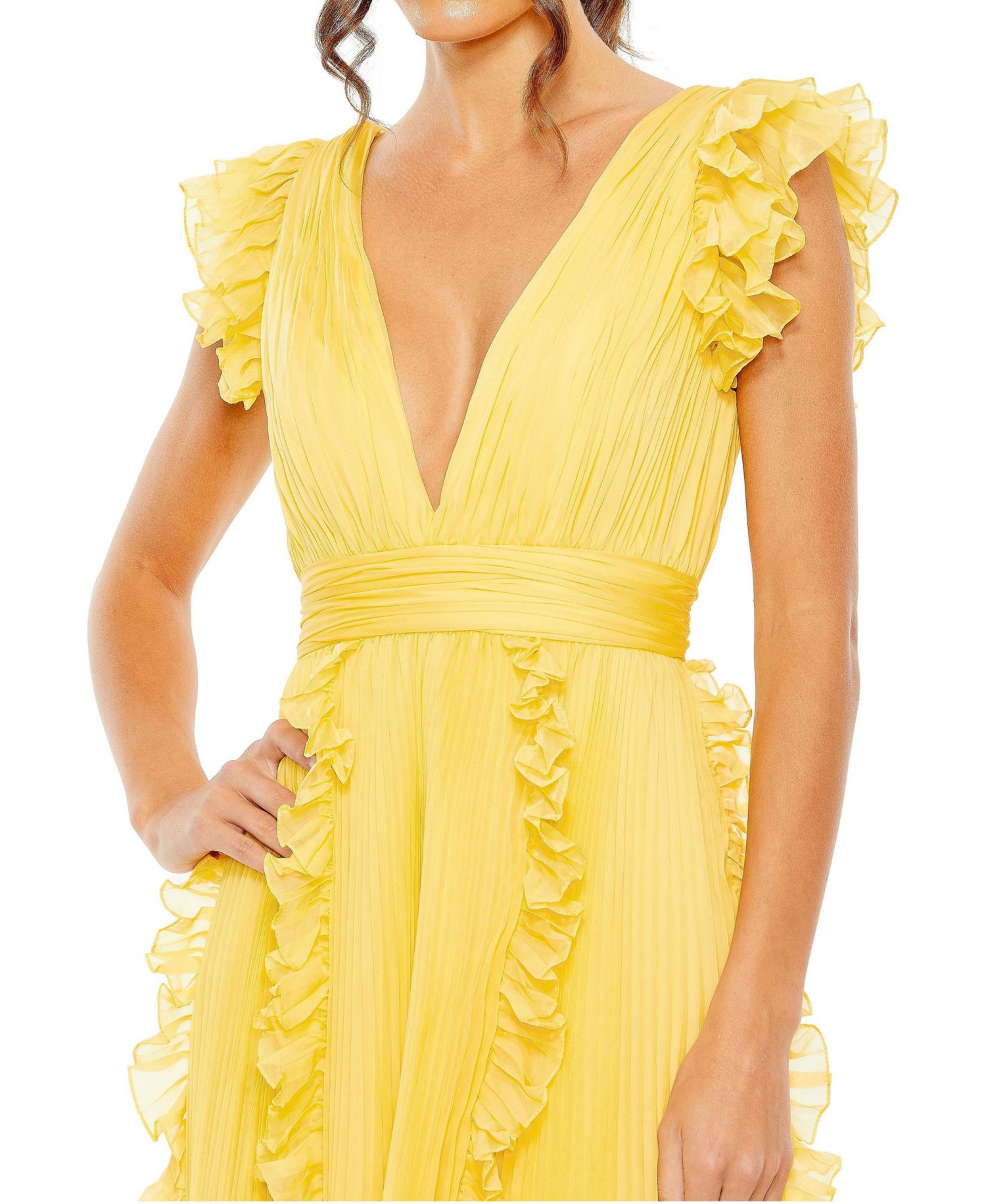 Women's Pleated Chiffon V Neck Ruffle Midi Dress