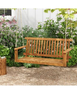 2-Seat Acacia Wood Porch Swing Bench with 2 Hanging Hemp Ropes