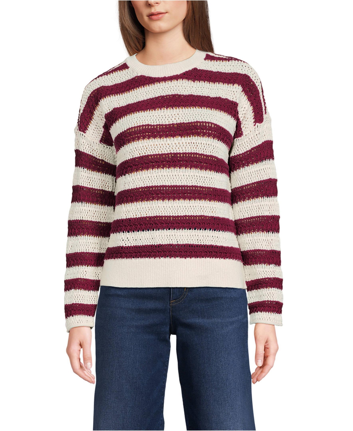 Women's Cotton Blend Pointelle Crew Neck Sweater - Ivory/burgundy stripe