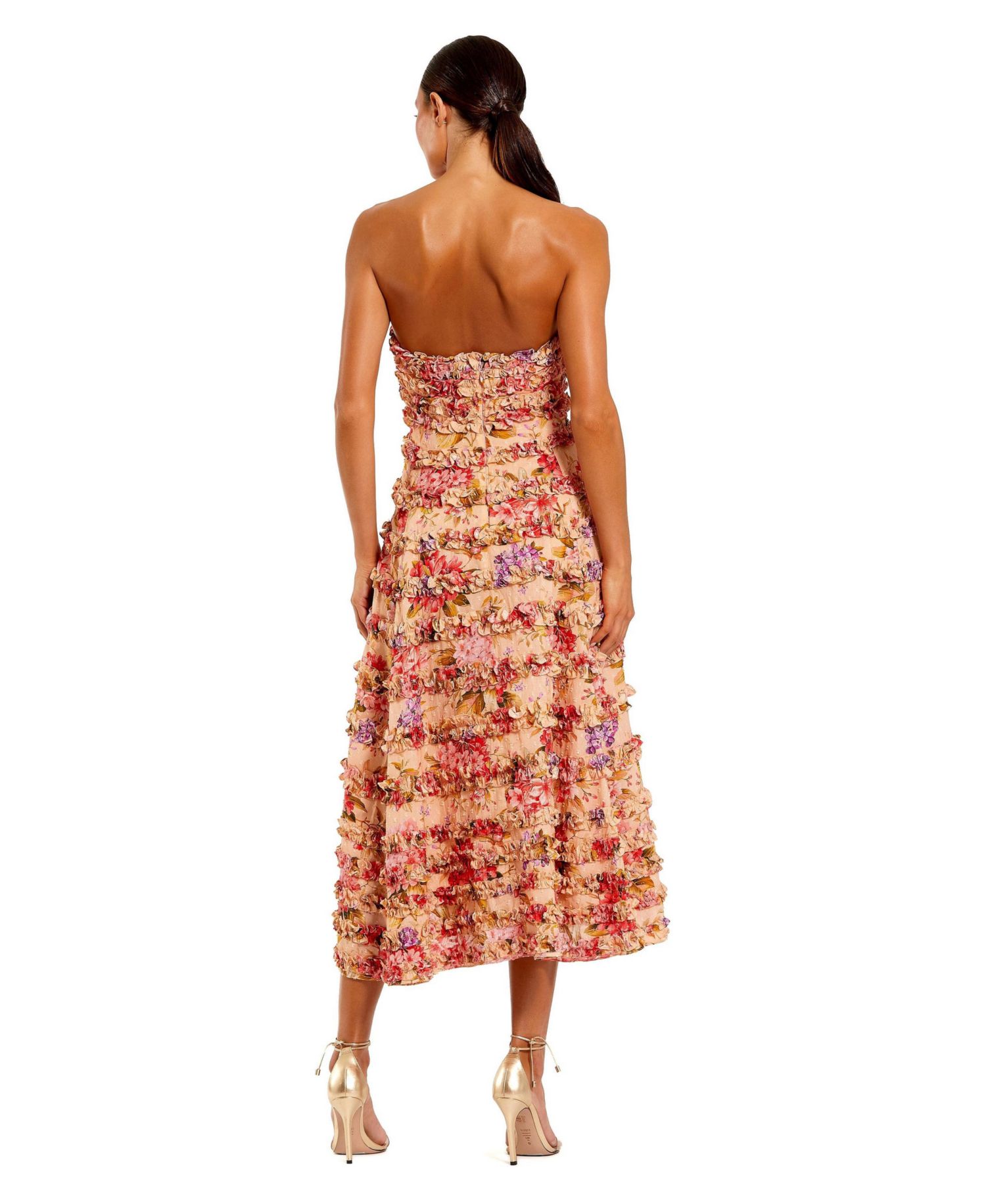 Women's Pink Ruffle Strapless Ankle Cotton Dress