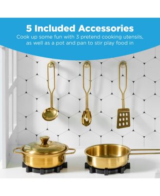 Pretend Play Wooden Farmhouse Kitchen Set w/ Storage, Clicking Knobs, 5 Accessories