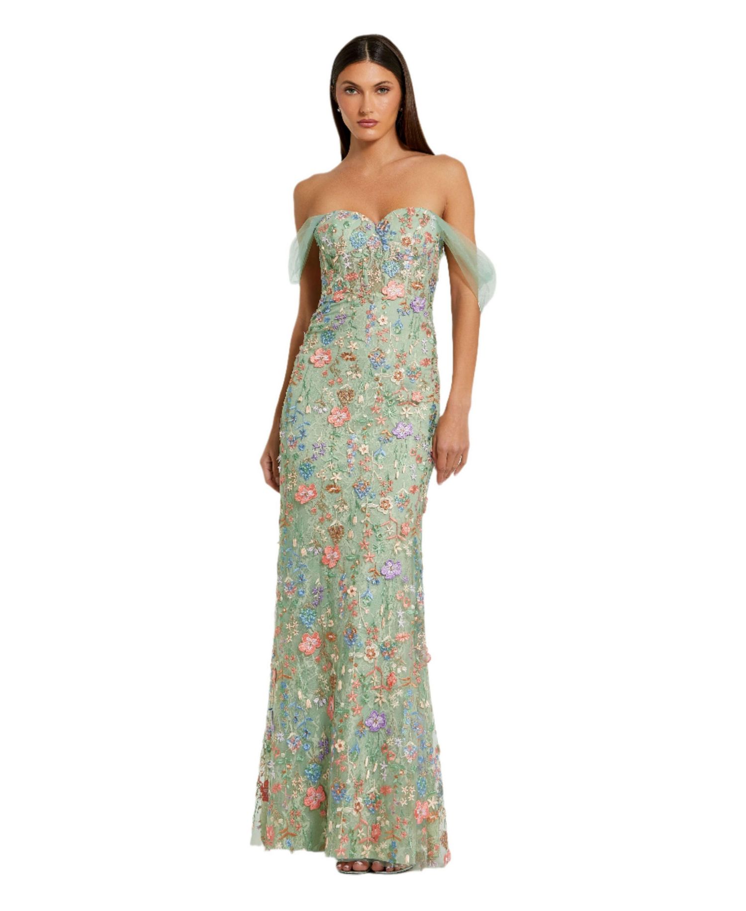 Women's Off The Shoulder Bustier Emboridered Net Gown