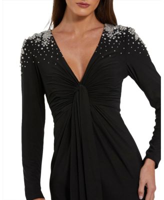 Women's Jersey V Neck Faux Knot Gown With Beaded Shoulders