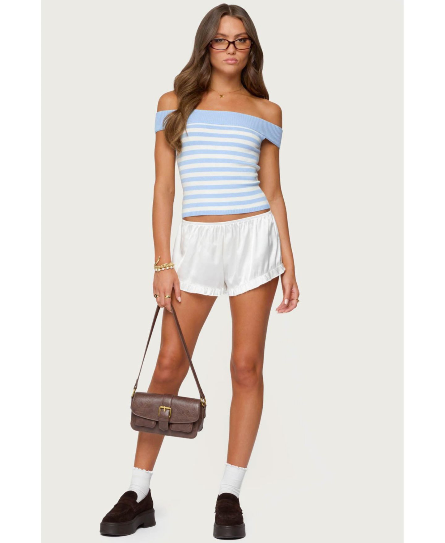 Женский топ Edikted Deni Off Shoulder Striped Knit, цвет: Светлый синий — фото 5