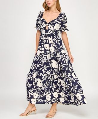 Juniors' Woven Printed Fit & Flare Maxi Dress