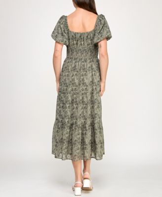 Juniors' Chiffon Printed Fit & Flare Midi Dress