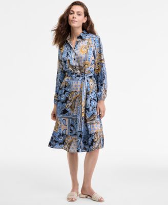 Women's Collared Paisley Tie-Waist Shirtdress