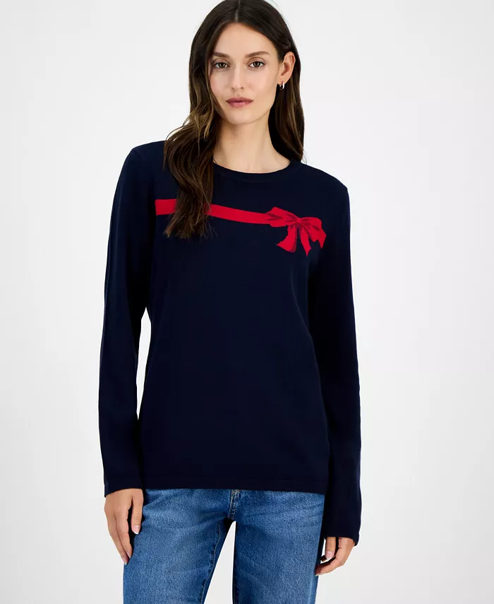 Nautica Women's Cotton Jacquard-Bow Sweater