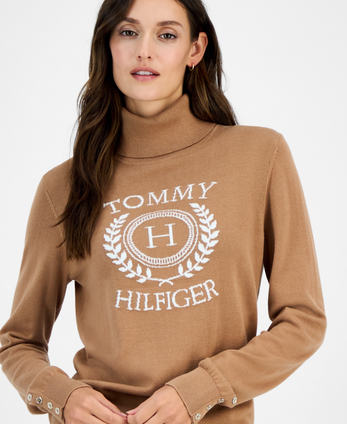 Tommy Hilfiger Women's Cotton Crest Turtleneck Sweater In Brown