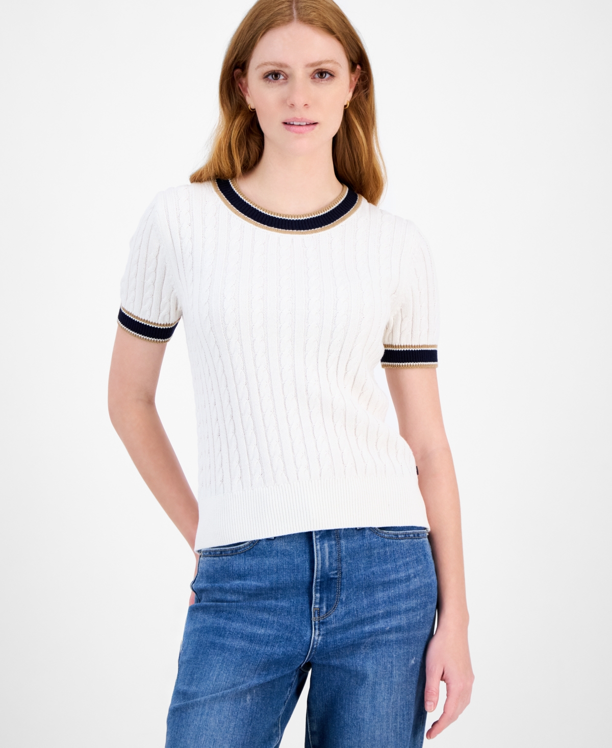Tommy Hilfiger Women's Cotton Short-sleeve Cable Knit Sweater In Multi