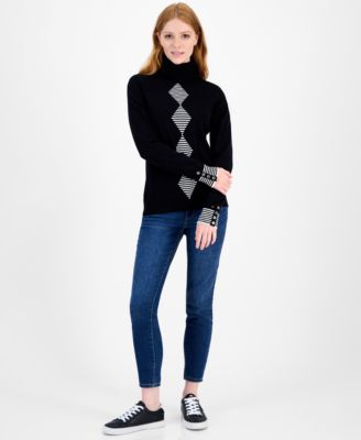 Women's Cotton Argyle Striped Turtleneck Sweater