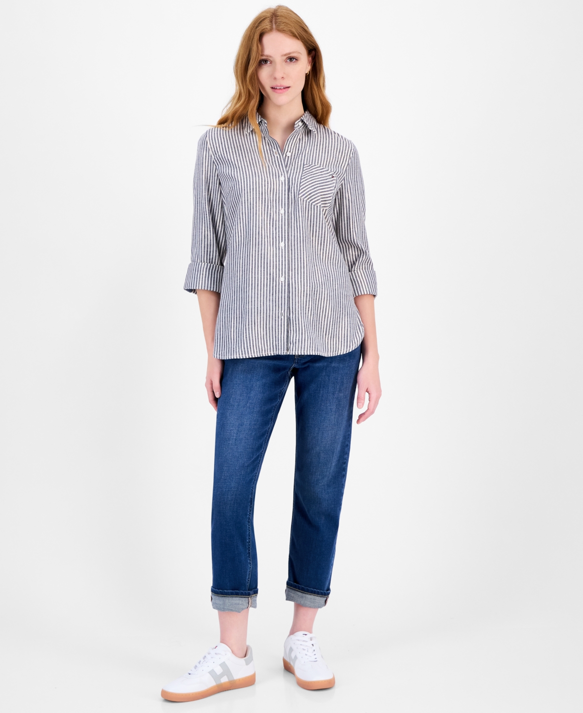 Tommy Hilfiger Women's Shine-stripe Roll-tab Shirt In Multi