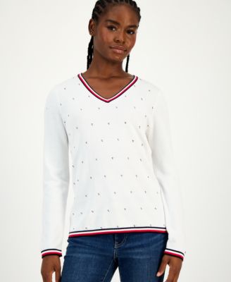 Tommy Hilfiger - Women's Cotton Hotfix Cluster V-Neck Sweater
