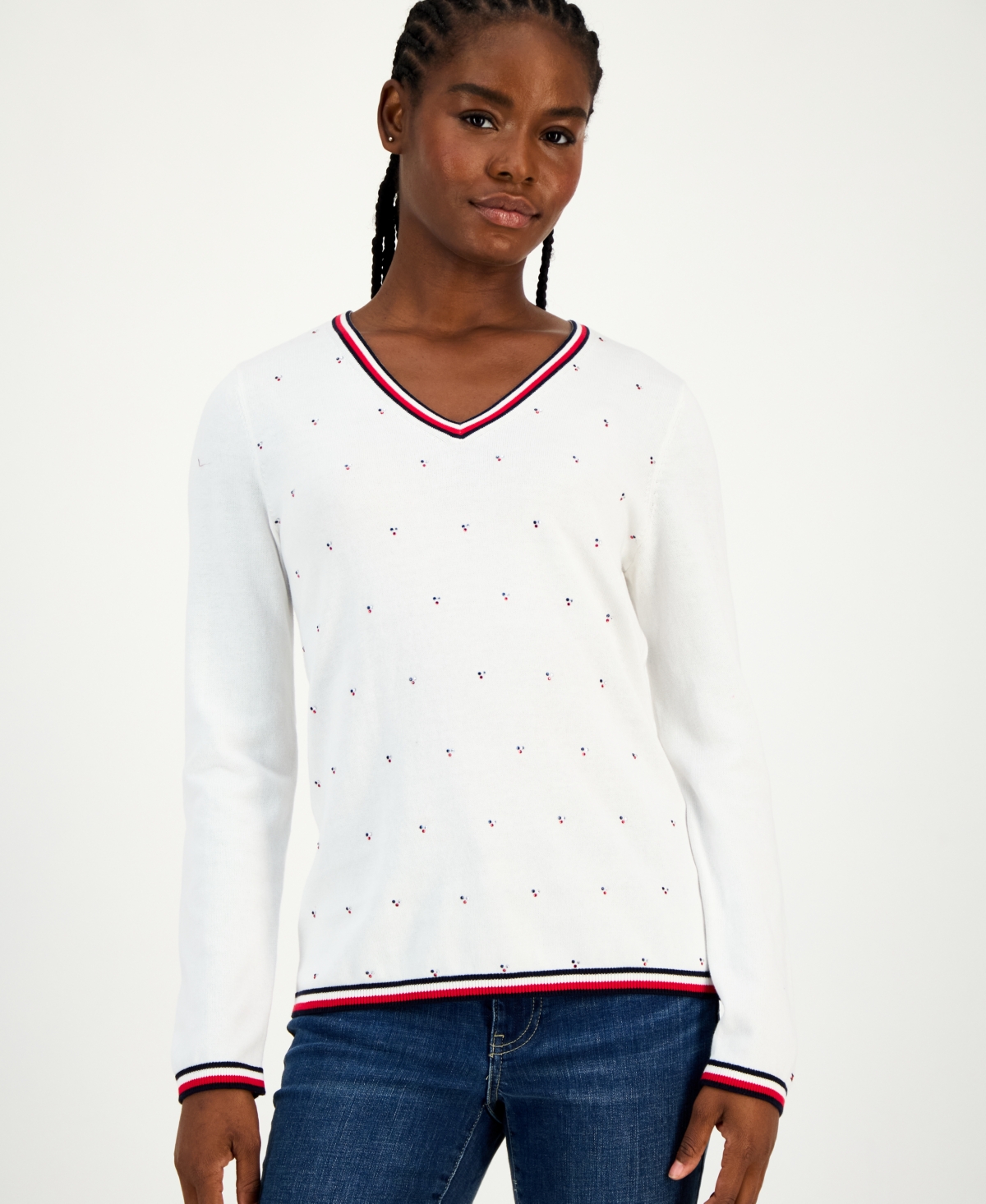 Tommy Hilfiger Women's Cotton Hotfix Cluster V-neck Sweater In White