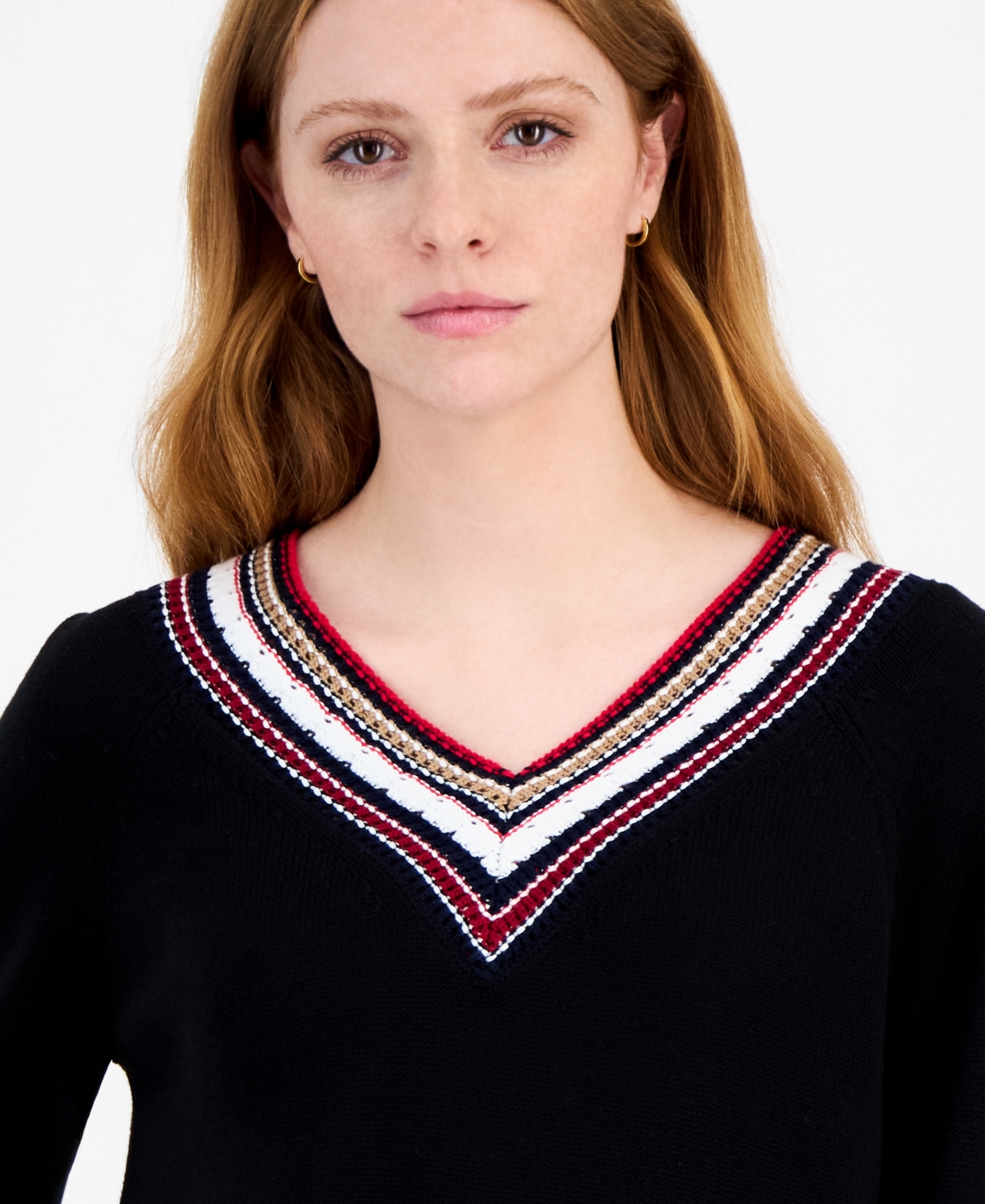 Tommy Hilfiger Women's Textured V Neck Sweater In Black